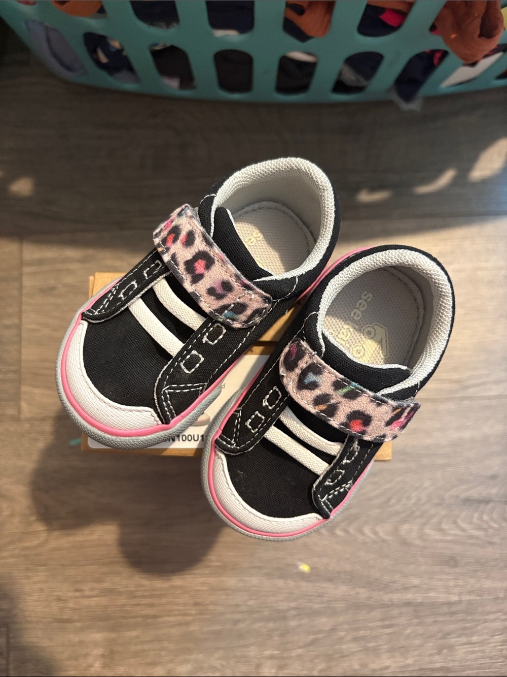 See Kai Run Black Canvas Sneakers with Pink Trim and Leopard Strap